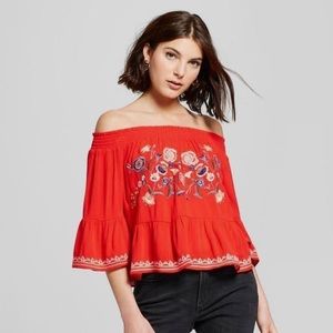 Xhilaration Off the Shoulder Embroidered Top Red **Size XS